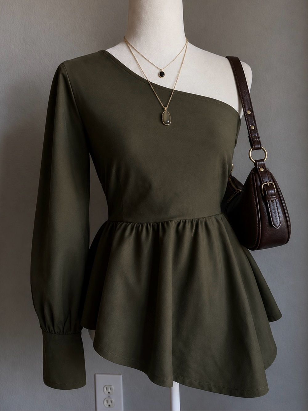 FORE Olive Green One Shoulder Peplum Top | Asymmetrical Long Sleeve Blouse Small